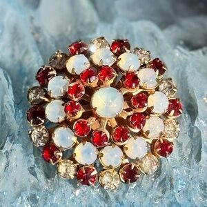 Vintage Sparkling Floral Rhinestone Brooch – Red, Opalescent & Clear Stones